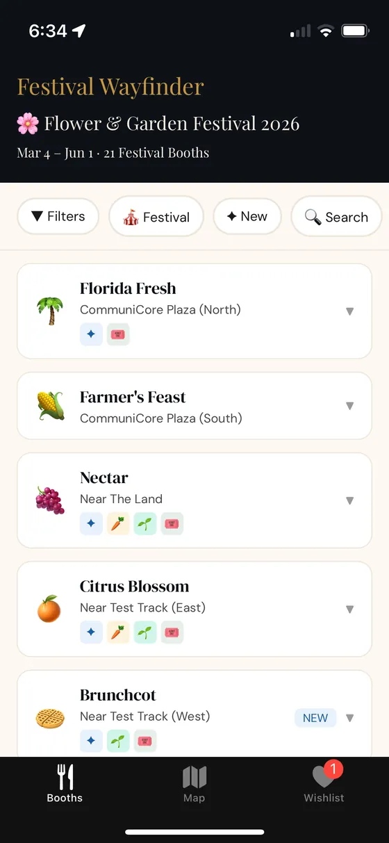 Festival Wayfinder app booth list showing EPCOT Flower & Garden Festival booths with menus and filters